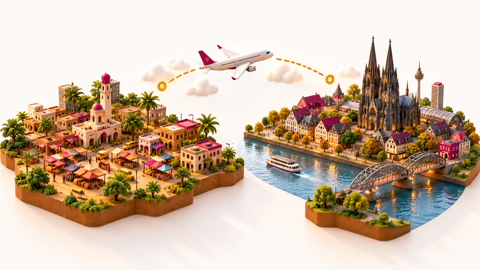 Diorama illustrant le trajet Kinshasa vers Cologne : une ville africaine et Cologne reliées par un vol